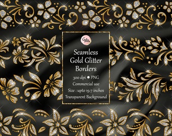 Gold Glitter Floral Borders Clipart: Seamless PNG Overlays (Digital Download)