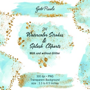 Aqua Watercolor Brush Strokes Clipart: Gold Confetti (Digital Download)