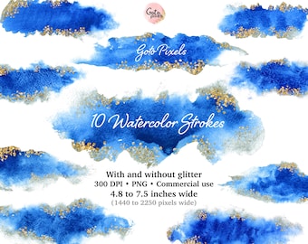 Blue Watercolor Brush Strokes Clipart: Gold & Silver Glitter (Digital Download)