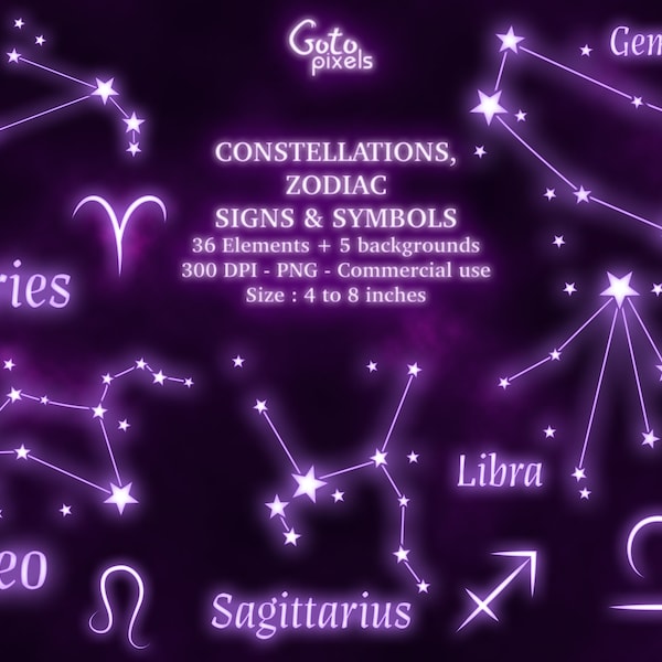 Purple Glowing Zodiac Constellations Clipart, constellation tarot night sky png, Zodiac signs PNG clipart, Astrology Celestial Clip Art