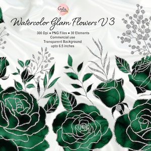 Emerald Watercolor and Silver Glam Rose Clip Art, Digital instant download glitter flower png embellishments, Emerald rose