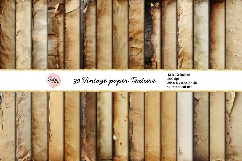 May include: A set of 30 vintage paper textures, each measuring 12 inches by 12 inches. The textures are in various shades of brown and beige, with some showing signs of age and wear.