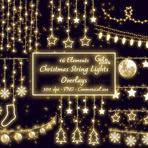 Puede incluir: 16 elementos de luces de cadena de Navidad doradas superpuestas, incluyendo estrellas, copos de nieve, lunas, árboles y una media. 300 dpi PNG, uso comercial. Goto Pixels.