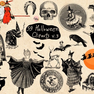 Vintage Halloween Clipart, antique Halloween clip art graphics, skulls, bats, owls, spiders, witches, vintage ephemera instant download