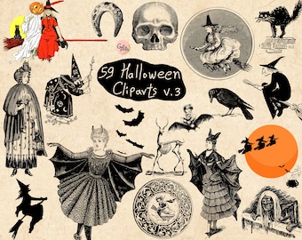 Vintage Halloween Clipart: Macabre Graphics, Skulls, Witches (Digital Download)