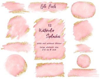 Pink Watercolor Glitter Clipart: Splashes & Splotches (Digital PNG Files)