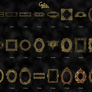 May include: A set of 30 gold-colored ornate frames with various shapes and sizes. The frames are on a black background with a subtle cloud-like pattern.