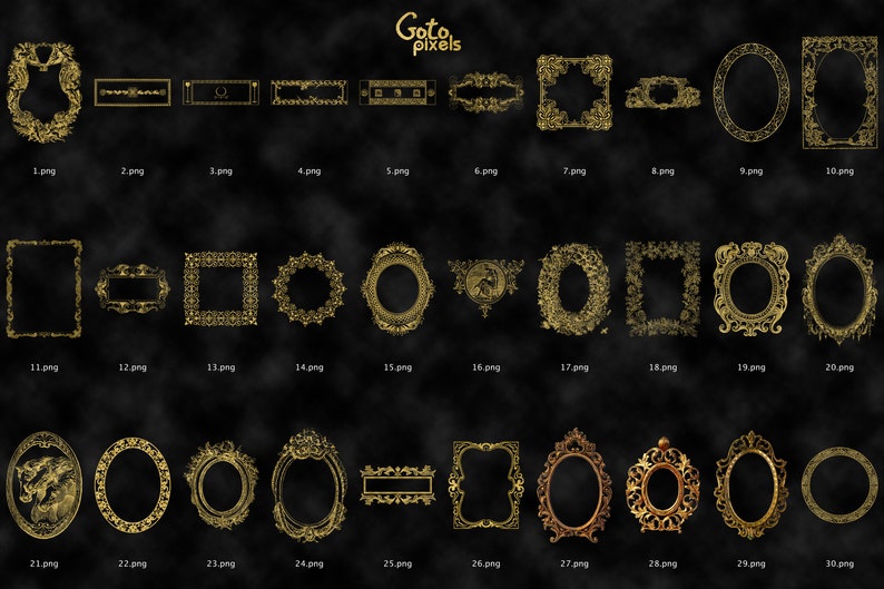 May include: A set of 30 gold-colored ornate frames with various shapes and sizes. The frames are on a black background with a subtle cloud-like pattern.
