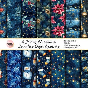 Papel digital de Natal Starry Night - enfeites de Natal sem costura, biscoitos de gengibre, bonecos de neve, download instantâneo para uso comercial
