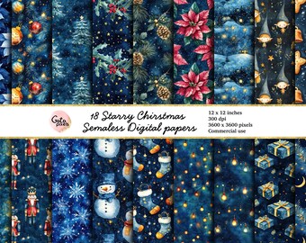 Starry Night Christmas Digital Paper: Seamless Ornaments (Digital Download)