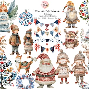 Clipart acquerello invernale natalizio scandinavo, clipart invernale nordico, album, download digitale, per uso commerciale
