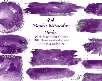 Purple Watercolor Brush Strokes Clipart: Silver Glitter Accents (Digital Download)