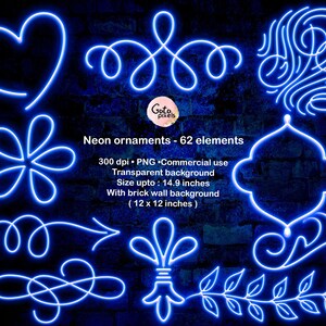 May include: A set of 62 neon blue ornaments in various shapes and sizes, including hearts, swirls, stars, and leaves. The ornaments are on a dark blue brick wall background. The text "Neon ornaments - 62 elements" is at the top of the image.