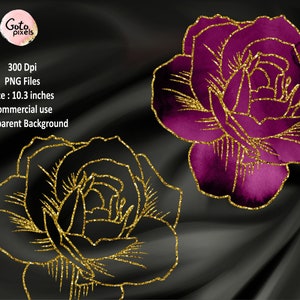 May include: Two gold glitter roses on a black background. The roses are outlined in gold and have a watercolor effect. The roses are 10.3 inches in size.
