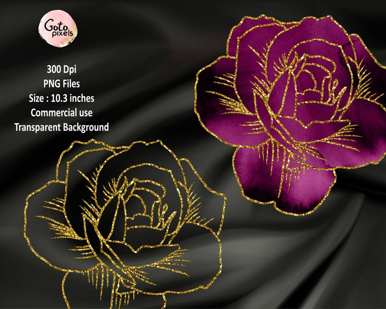 May include: Two gold glitter roses on a black background. The roses are outlined in gold and have a watercolor effect. The roses are 10.3 inches in size.