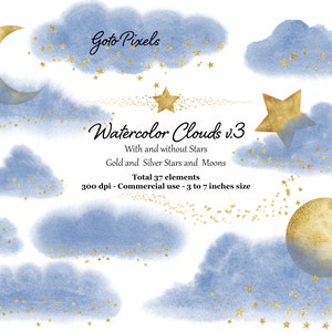 Navy Blue Watercolor Clouds Clipart with Gold stars, Glitter Clouds Clip Art, Glitter Confetti, Weather Clipart, PNG Files, Digital Download