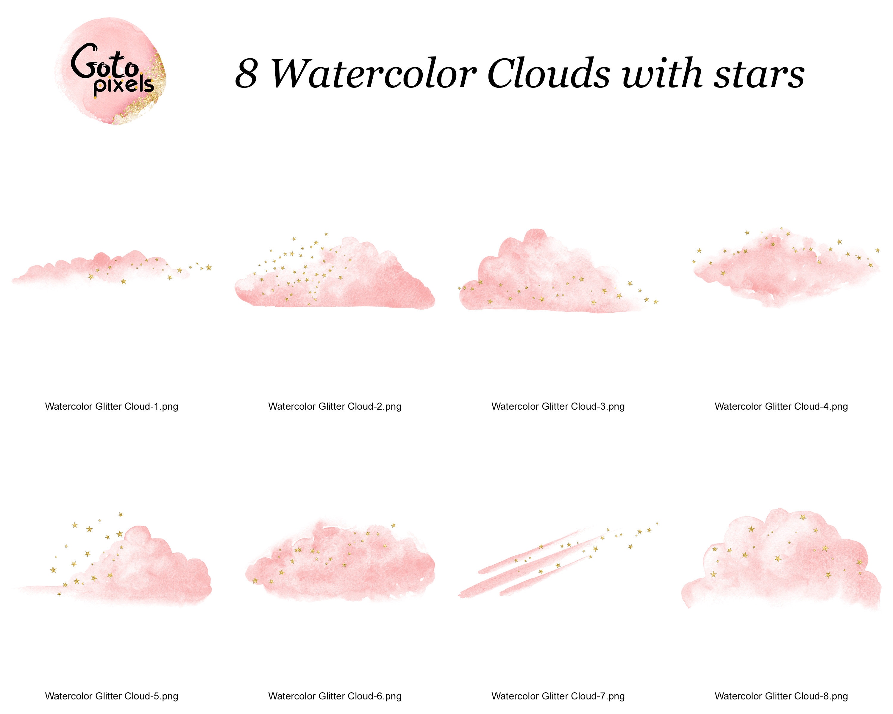 Pink Watercolor Clouds Clipart With Gold Stars Glitter Clouds Etsy