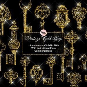 Oude Gouden Sleutels Clipart, Uitstekende sierelementen, Antieke sleutels clipart, De sleutels van het skelet Illustraties, Commercieel gebruik Digitale download