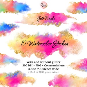 Rainbow Watercolor Brush Strokes Clipart: Gold Glitter Splash (Digital Download)