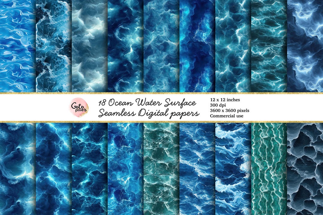 Ocean Water Digital Paper, Seamless Watercolor Waves Textures Printable ...