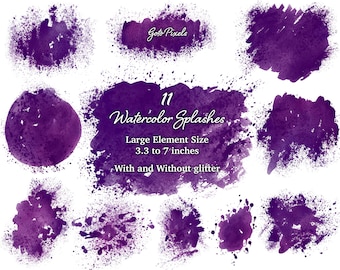 Op de afbeelding: Elf paarse aquarelspatten in verschillende maten en vormen, variërend van 8,4 tot 17,8 cm. Sommige spatten hebben glitter, terwijl andere dat niet hebben. De tekst "Goto Pixels" en "11 Watercolor Splashes" is zichtbaar in de afbeelding.