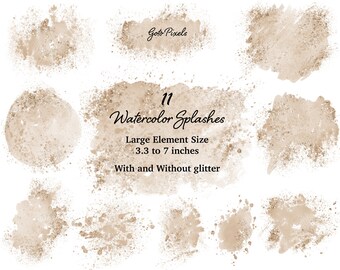 Beige Watercolor Glitter Clipart: Splashes & Backgrounds (PNG Digital Files)