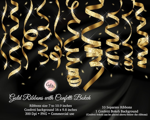 Gold Glitter Ribbon Clip Art: Confetti Bokeh Background (PNG Digital Download)