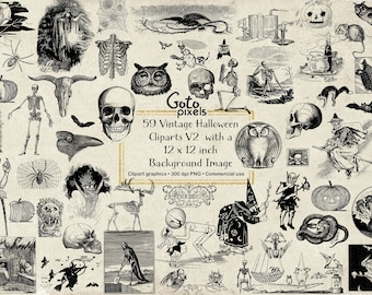 Vintage Halloween Clipart: Macabre Graphics, Skulls, Bats (Digital Download)