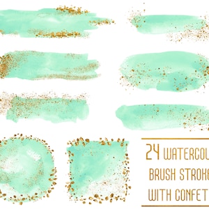 Mint Watercolor Brush Strokes: Gold Glitter Confetti (PNG Digital Download)