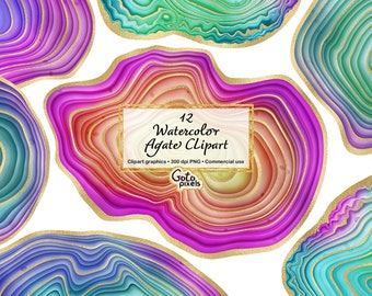 Watercolor Rainbow Agate Clipart, agate and Blue geode digital graphic elements clip art instant download for commercial use
