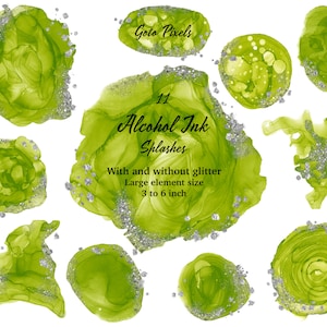 Lime Green Alcohol Ink Splash Clipart: Gold Glitter Watercolor (Digital Download)