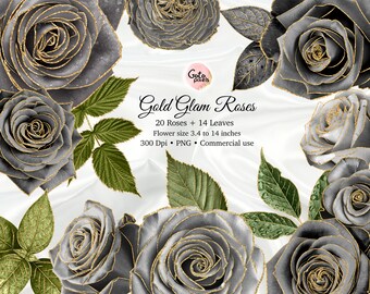 Black & Gold Glitter Rose Clip Art: PNG Embellishments (Digital Download)