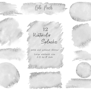 Grijs Aquarel glitter clipart | Spatten en vlekken illustraties | Aquarelachtergronden, Digitale PNG-bestanden, Logo-achtergrond, zilveren glitter