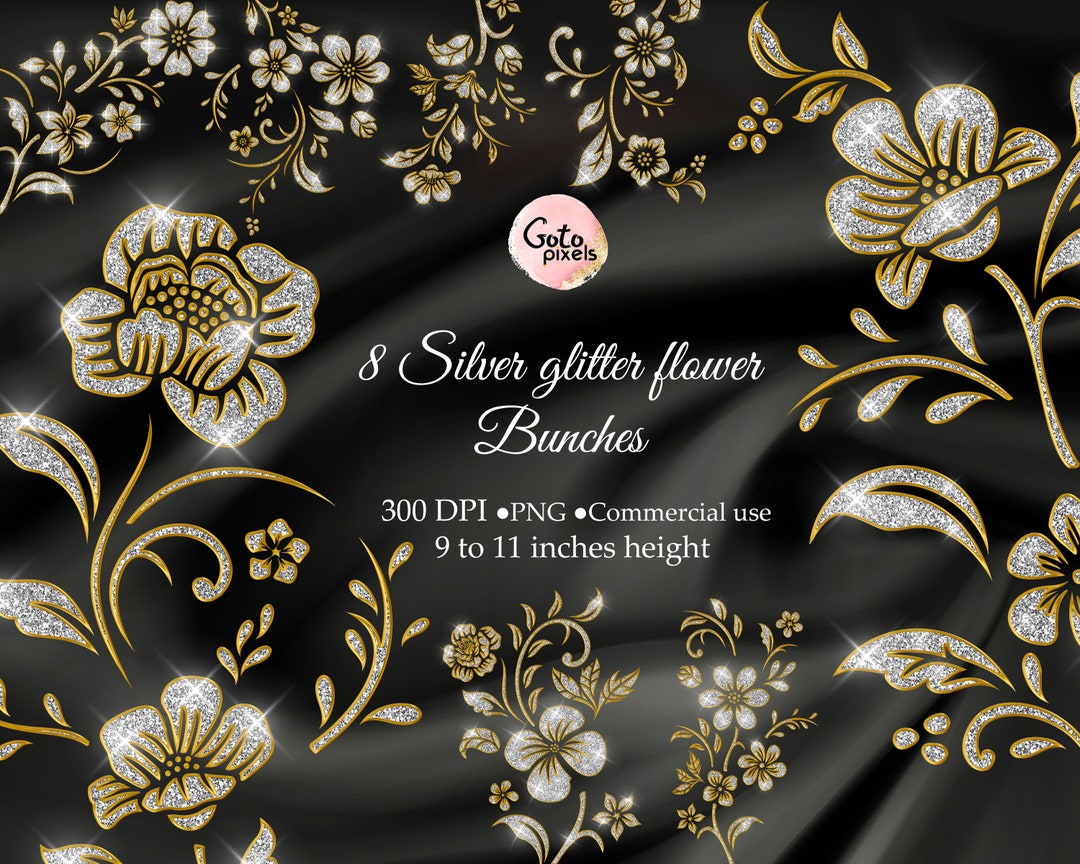 Gold Flowers Clipart, Silver Floral Clip Art, Gold Foil Flowers