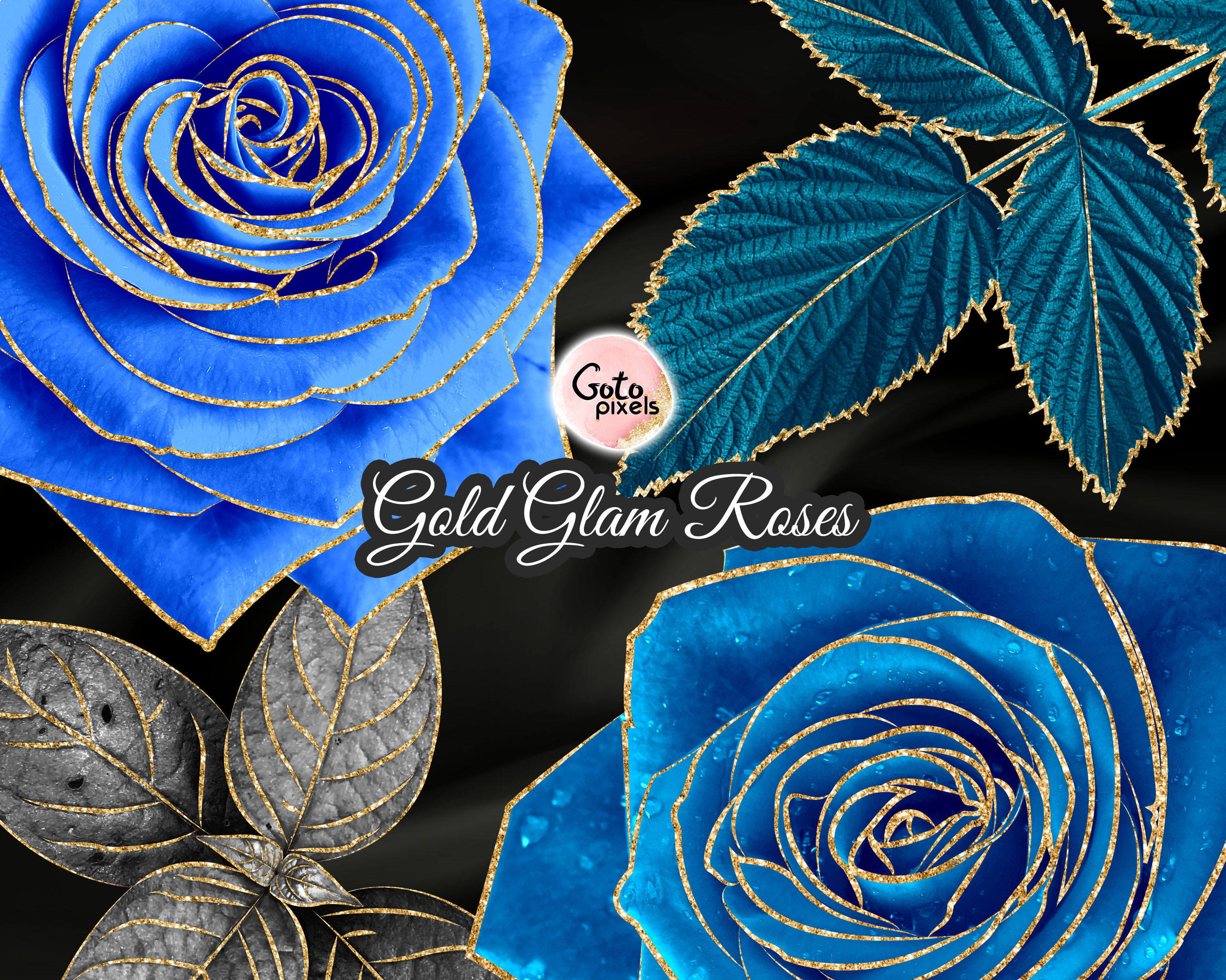 Blue Gold Glam Rose Clip Art, Digital Instant Download Glitter Flower Png  Embellishments, Blue Rose, Gold Glitter Roses Commercial Use 