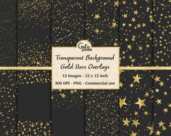 Gold Star Overlays, starry night gold star patterns in PNG format with transparent backgrounds instant download commercial use