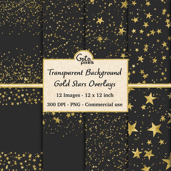 Gold Star Overlays, starry night gold star patterns in PNG format with transparent backgrounds instant download commercial use