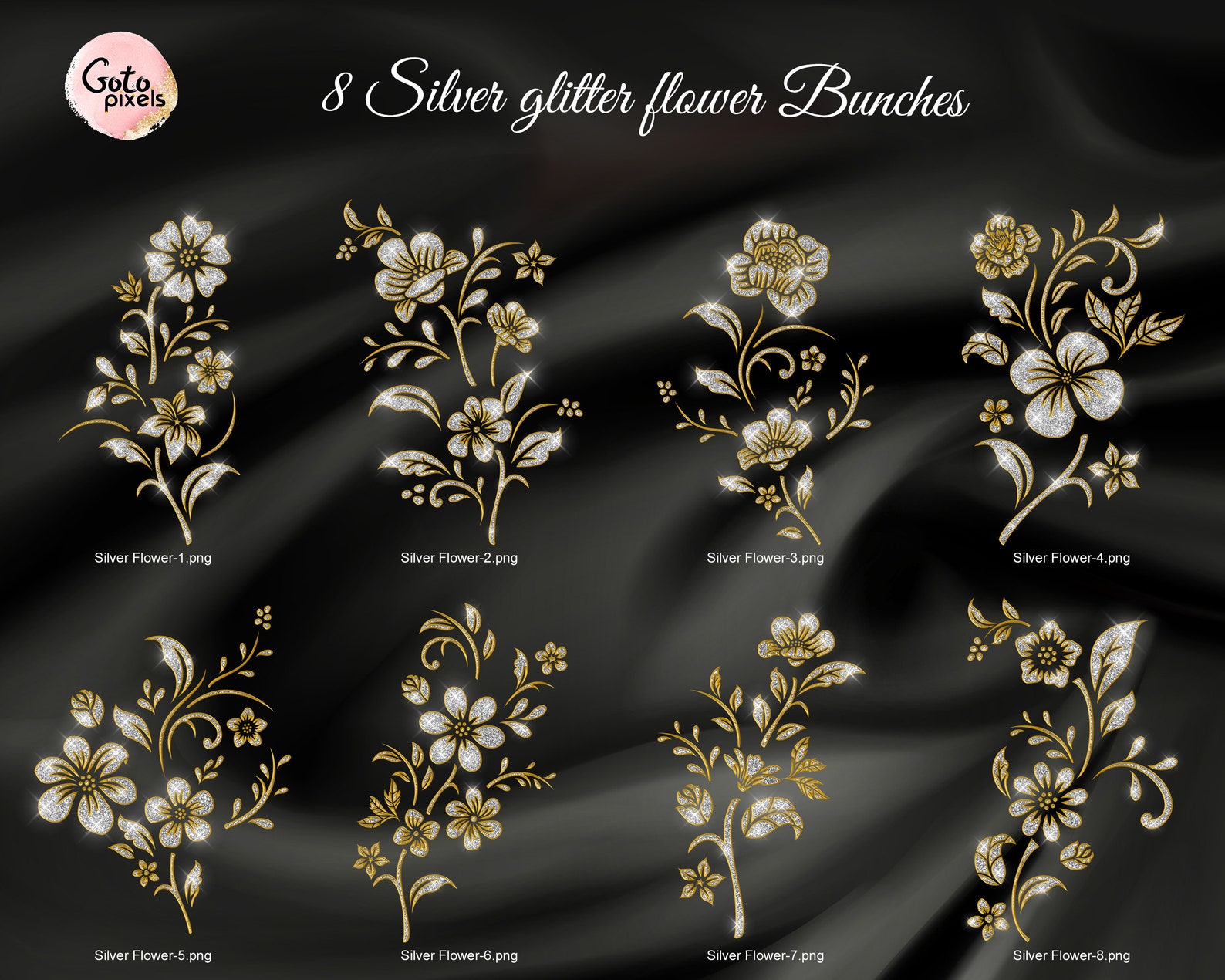 Gold Flowers Clipart Silver Floral Clip Art Gold Foil | Etsy