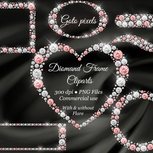 Roze en witte Diamond Frame Clipart, Roze Diamond Borders Overlay, Glitter Edelstenen Illustraties, Diamond Heart vorm, Vierkante Frames, Commercieel Gebruik