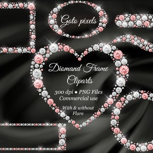 Pink and White Diamond Frame Clipart, Pink Diamond Borders Overlay, Glitter Gems Clip Art, Diamond Heart shape, Square Frames,Commercial Use