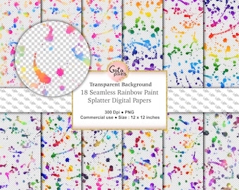 Rainbow paint splatter Transparent digital papers,Seamless printable scrapbook paper watercolor drips paintball spatters Commercial use