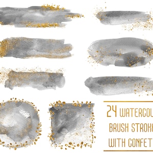 Watercolor Brush Strokes Clipart: Grey & Gold Confetti (PNG Digital Download)