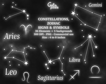 Glowing Zodiac Constellations Clipart: Celestial PNG Bundle (Digital Download)
