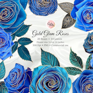 Blue & Gold Glitter Rose Clipart: PNG Floral Embellishments (Digital Download)