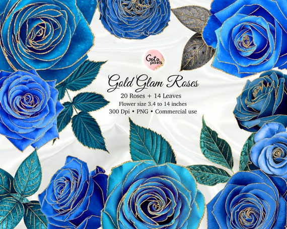 Blue Gold Glam Rose Clip Art, Digital Instant Download Glitter Flower Png  Embellishments, Blue Rose, Gold Glitter Roses Commercial Use 