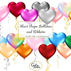 Rainbow Heart Balloons Clipart - mignon ballon de Saint-Valentin et rubans png clip art graphiques téléchargement instantané pour un usage commercial