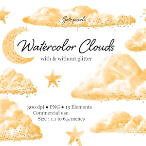 Orange Watercolor Clouds Clipart: Gold Stars, Glitter Confetti (PNG Files, Digital Download)