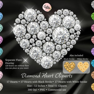 Clipart PNG de coração de diamante, Clipart de coração de pérola, Clipart de corações de strass, Clipart de casamento do dia dos namorados Download instantâneo, Uso comercial