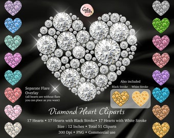 Diamond Heart Clipart: Pearl & Rhinestone Hearts (PNG, Digital Download)
