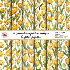 12 Tulips Pattern Digital Paper, Printable Paper seamless patterns, Golden Tulip white Background - Digital paper - Commercial use